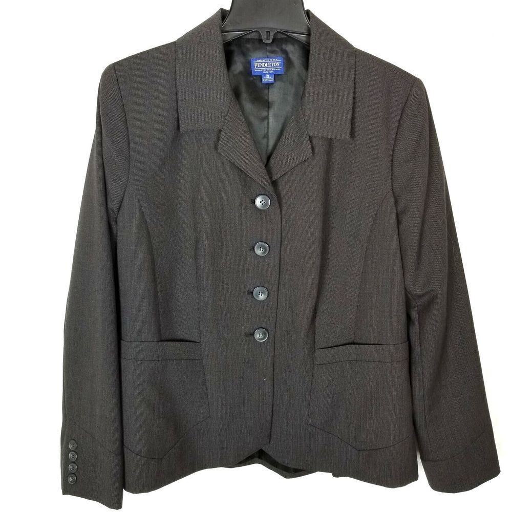 Pendleton Women 100% Virgin Wool Blazer Jacket Size 16 Button Up Gray‎ Lined